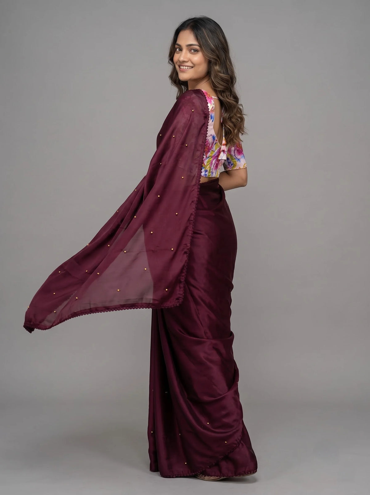Wine-Maroon Chinon Silk Saree with Pearl Beading & Floral Blouse