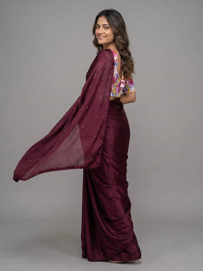 Wine-Maroon Chinon Silk Saree with Pearl Beading & Floral Blouse