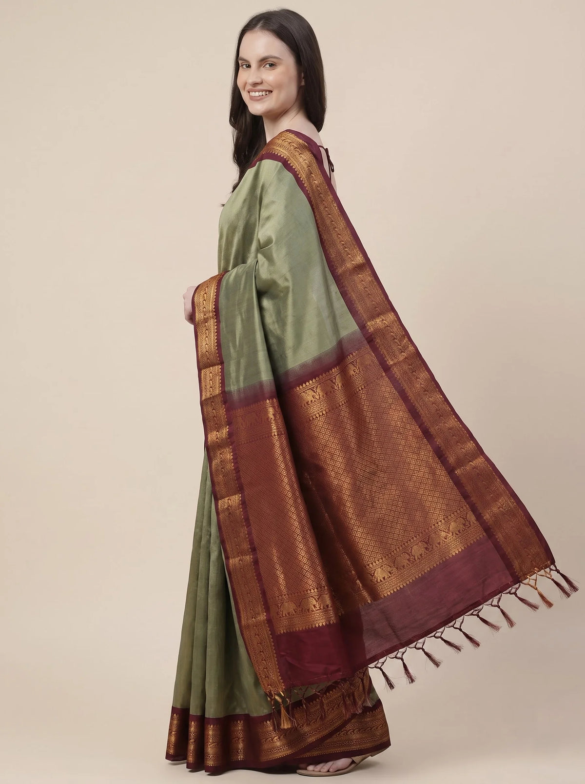 Sage Green Soft Silk Saree with Contrast Banarasi Zari Border