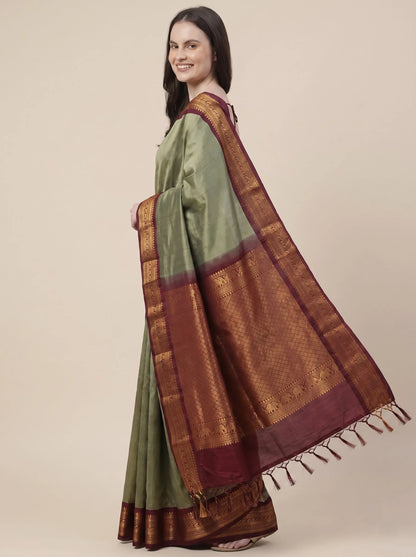 Sage Green Soft Silk Saree with Contrast Banarasi Zari Border
