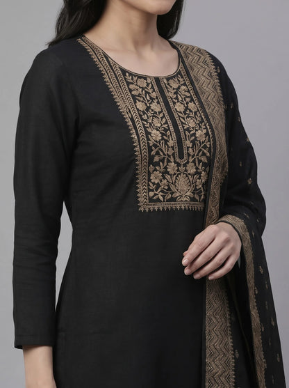 Black Semi-Stitched Pakistani Suit with Heavy Neck & Daman Embroidery