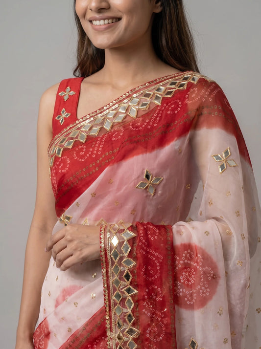 Red-White Bandhani Georgette Saree with Gota-Patti Mirror Border