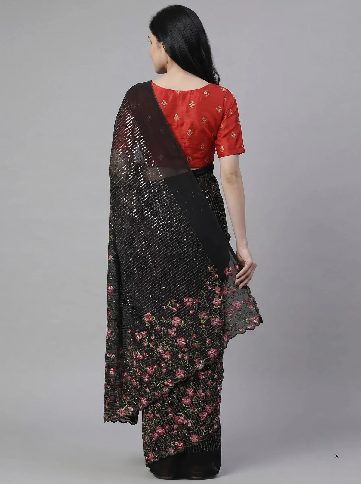 Black Fox Georgette Sequin Saree with Floral Embroidery & Red Silk Blouse