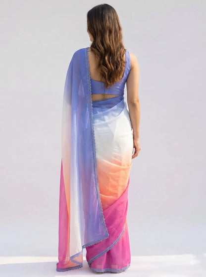 Multicolour Ombre Chiffon Saree with Scalloped Lace Border