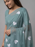Sea Green Georgette Saree with All-Over Heart Embroidery