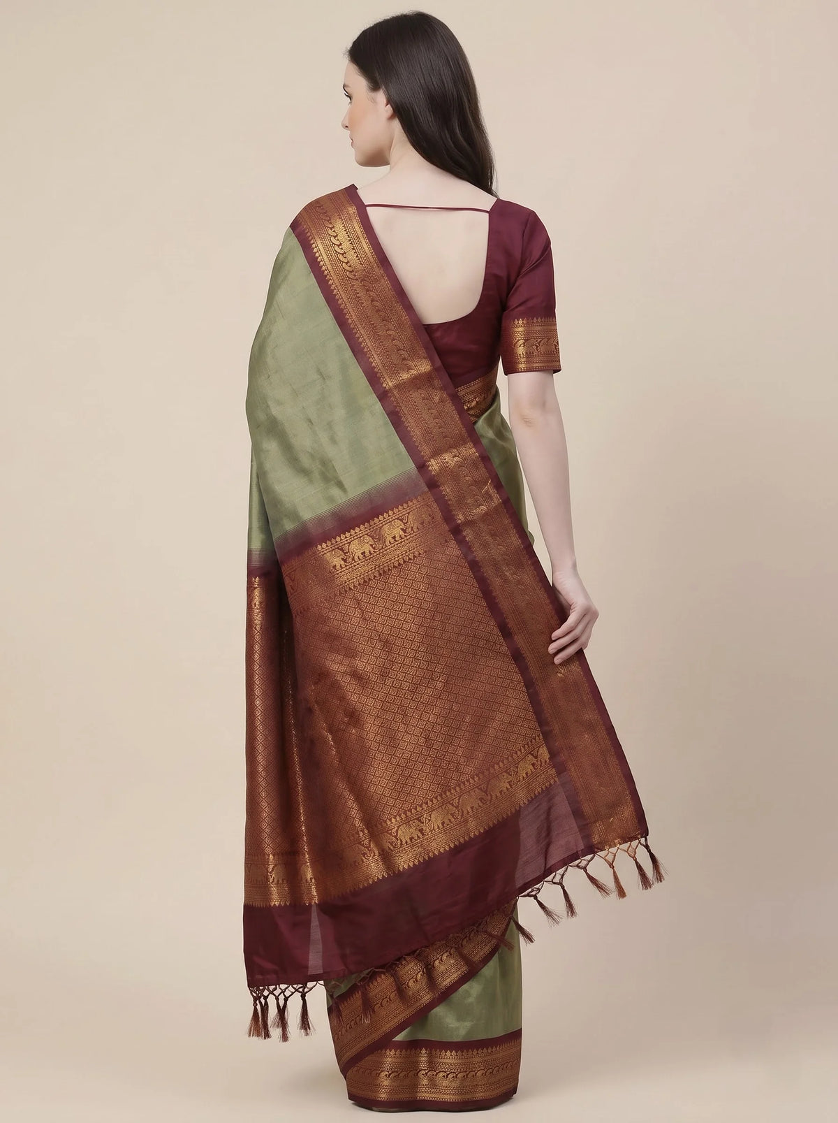 Sage Green Soft Silk Saree with Contrast Banarasi Zari Border