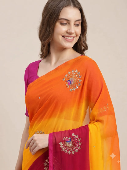 Multicolour Ombre Chiffon Saree with Peacock Motif Embroidery