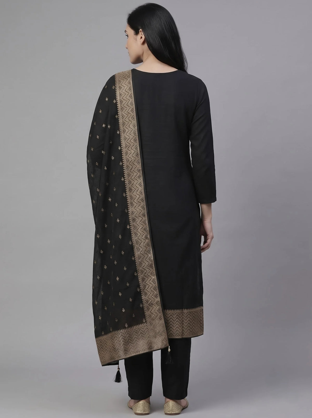 Black Semi-Stitched Pakistani Suit with Heavy Neck & Daman Embroidery