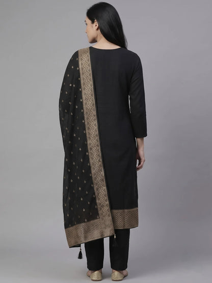Black Semi-Stitched Pakistani Suit with Heavy Neck & Daman Embroidery