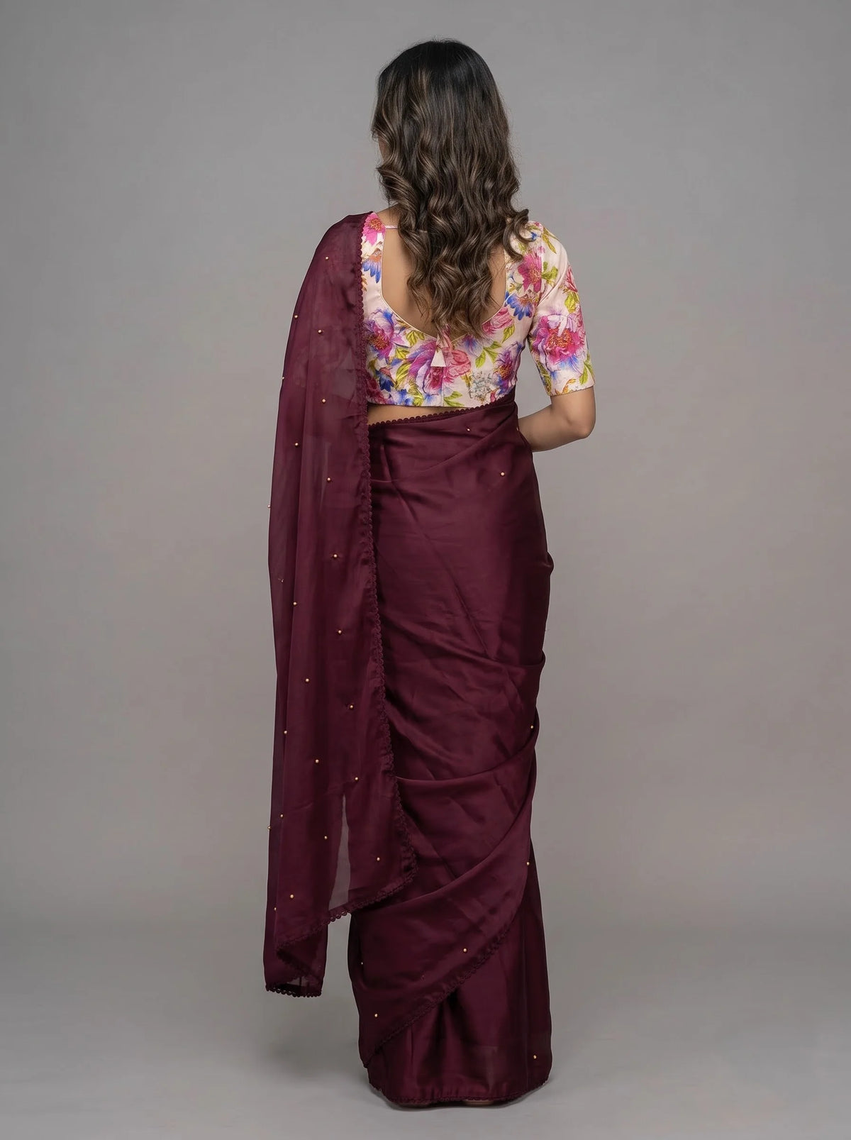 Wine-Maroon Chinon Silk Saree with Pearl Beading & Floral Blouse