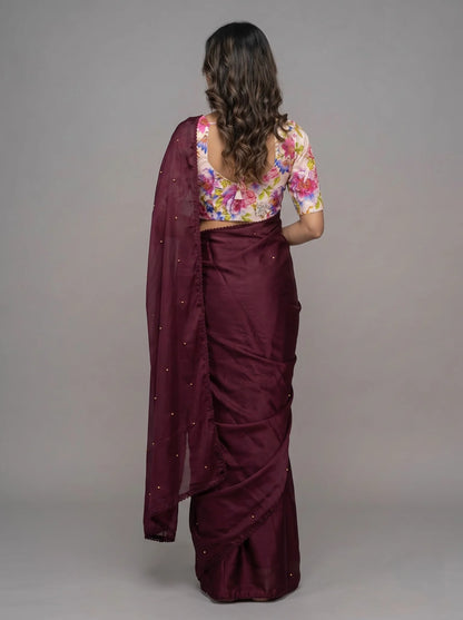 Wine-Maroon Chinon Silk Saree with Pearl Beading & Floral Blouse