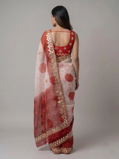 Red-White Bandhani Georgette Saree with Gota-Patti Mirror Border