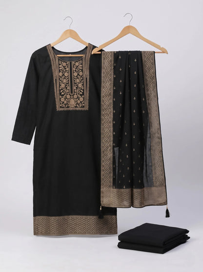 Black Semi-Stitched Pakistani Suit with Heavy Neck & Daman Embroidery