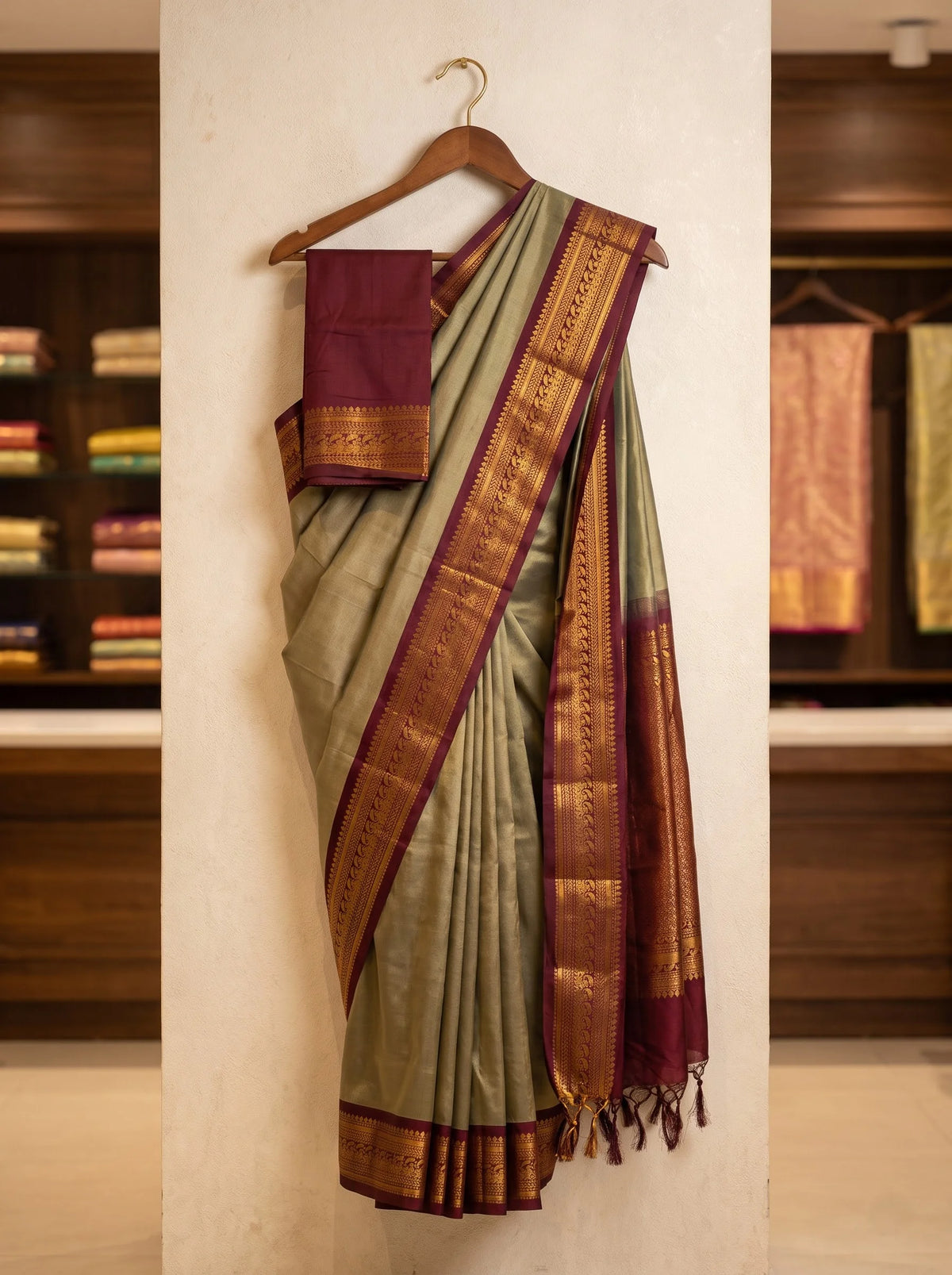 Sage Green Soft Silk Saree with Contrast Banarasi Zari Border