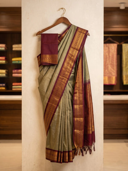 Sage Green Soft Silk Saree with Contrast Banarasi Zari Border