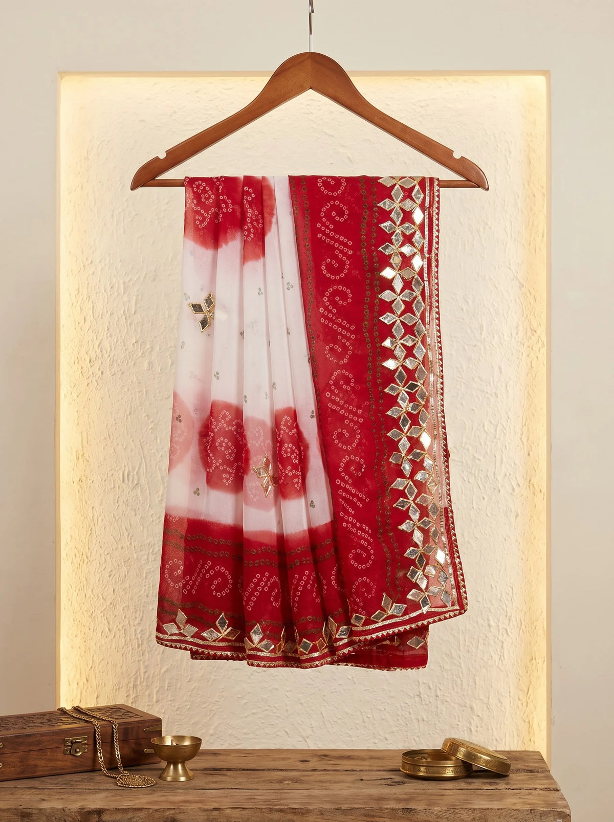 Red-White Bandhani Georgette Saree with Gota-Patti Mirror Border