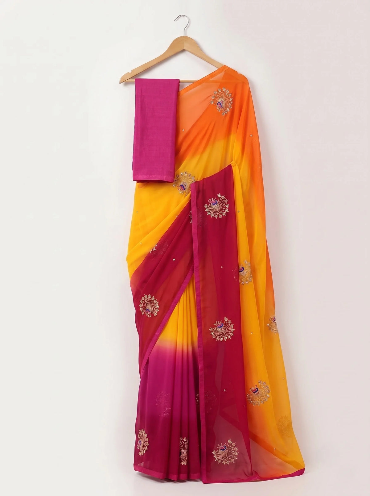 Multicolour Ombre Chiffon Saree with Peacock Motif Embroidery