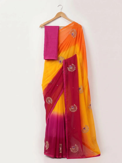 Multicolour Ombre Chiffon Saree with Peacock Motif Embroidery