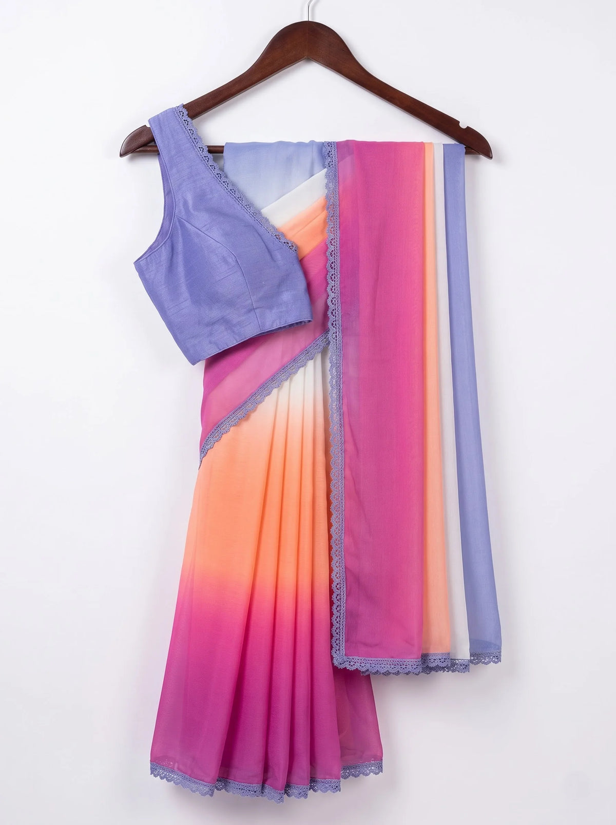 Multicolour Ombre Chiffon Saree with Scalloped Lace Border