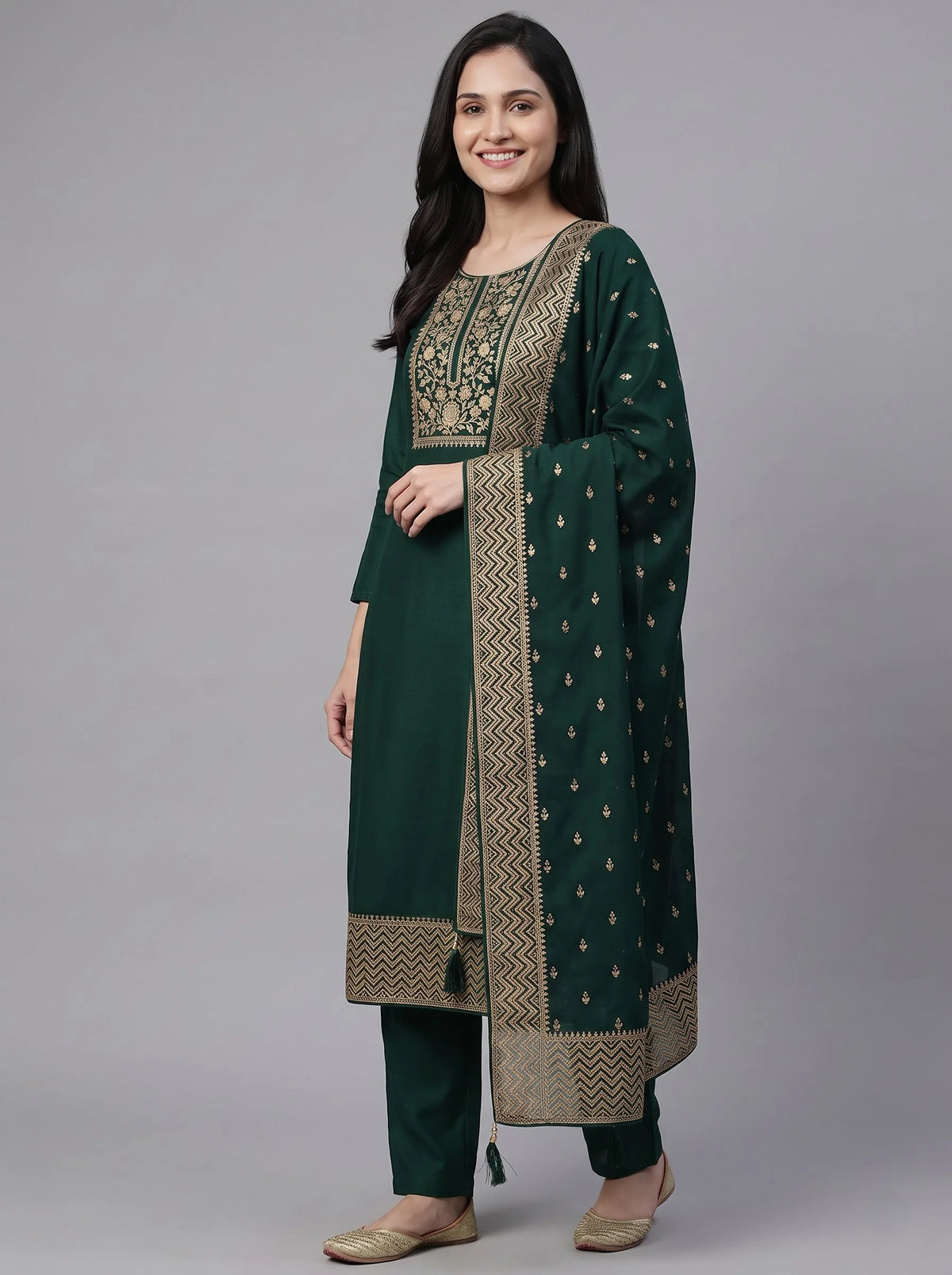 Bottle Green Semi-Stitched Pakistani Suit with Heavy Neck & Daman