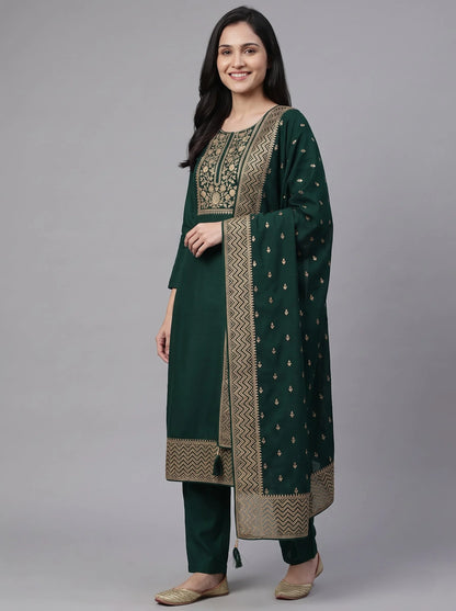 Bottle Green Semi-Stitched Pakistani Suit with Heavy Neck & Daman