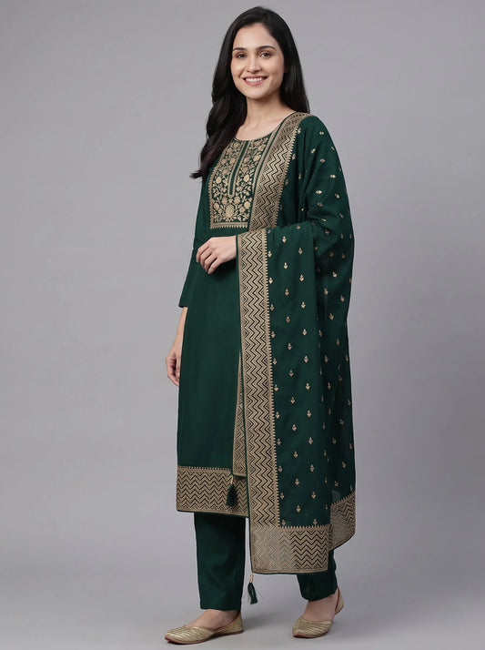 Bottle Green Semi-Stitched Pakistani Suit with Heavy Neck & Daman
