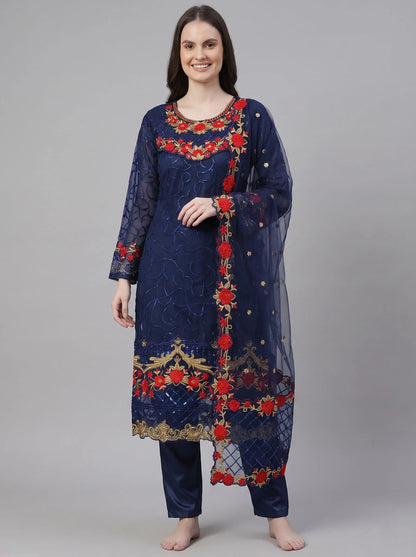 Navy Blue Semi-Stitched Pakistani Suit with Heavy Daman Embroidery