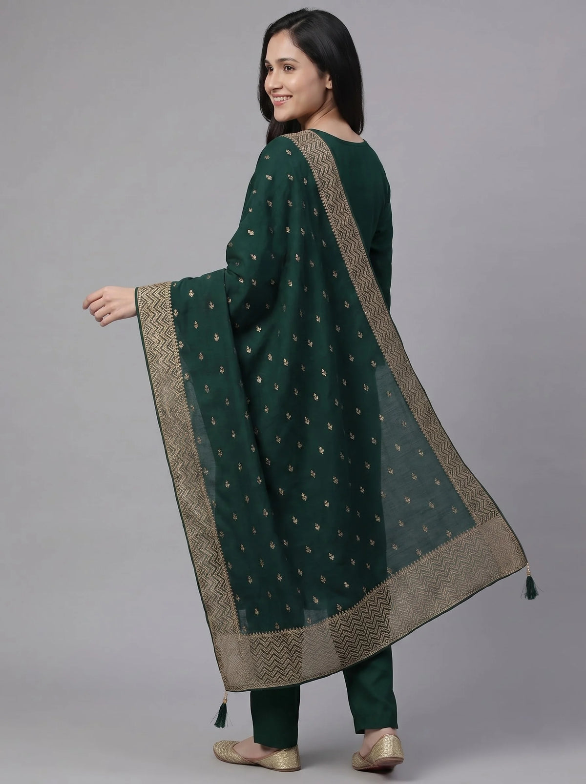 Bottle Green Semi-Stitched Pakistani Suit with Heavy Neck & Daman