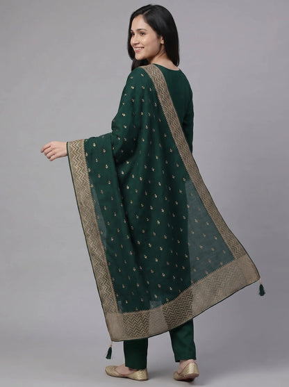 Bottle Green Semi-Stitched Pakistani Suit with Heavy Neck & Daman