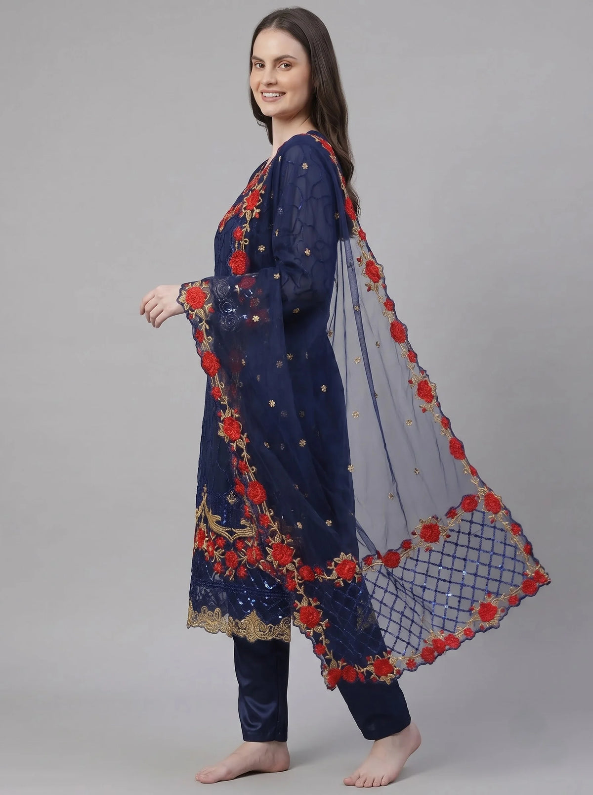 Navy Blue Semi-Stitched Pakistani Suit with Heavy Daman Embroidery