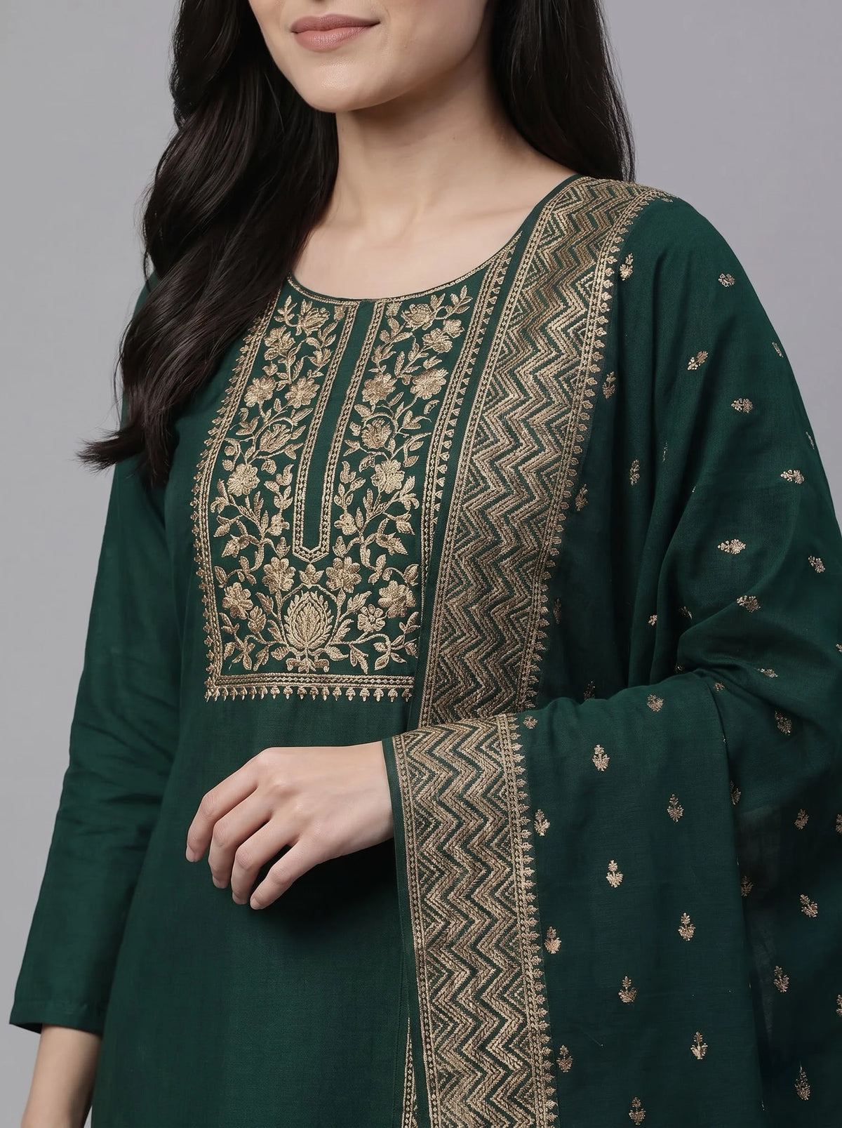 Bottle Green Semi-Stitched Pakistani Suit with Heavy Neck & Daman