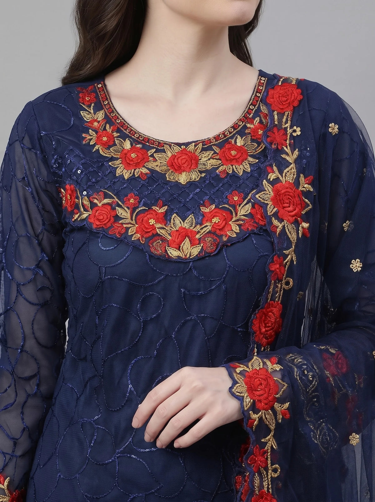 Navy Blue Semi-Stitched Pakistani Suit with Heavy Daman Embroidery