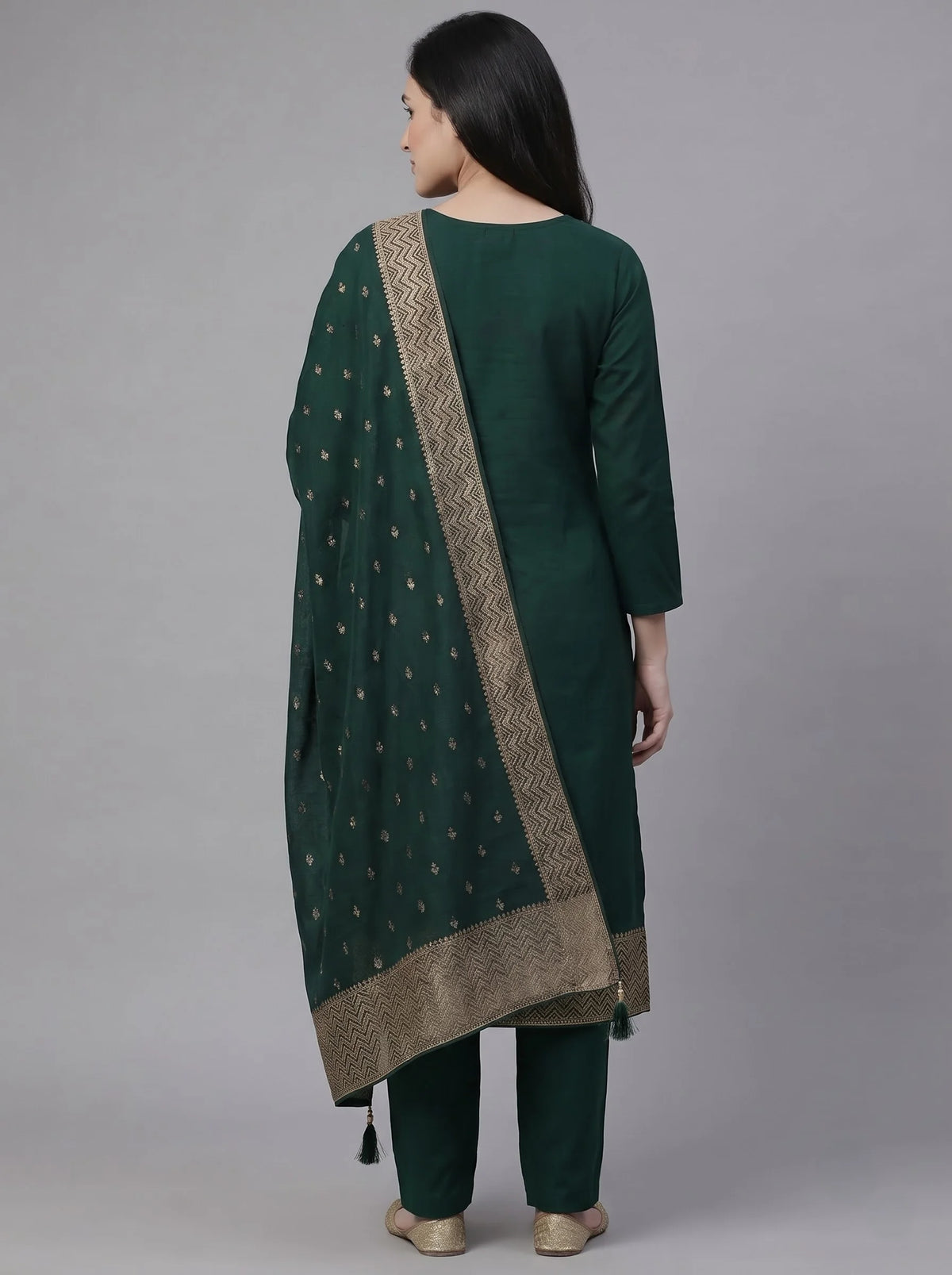 Bottle Green Semi-Stitched Pakistani Suit with Heavy Neck & Daman