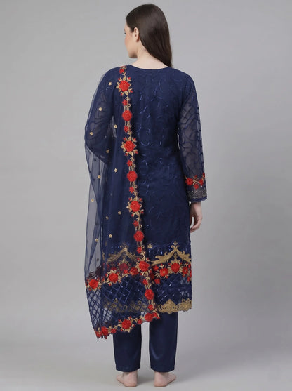 Navy Blue Semi-Stitched Pakistani Suit with Heavy Daman Embroidery