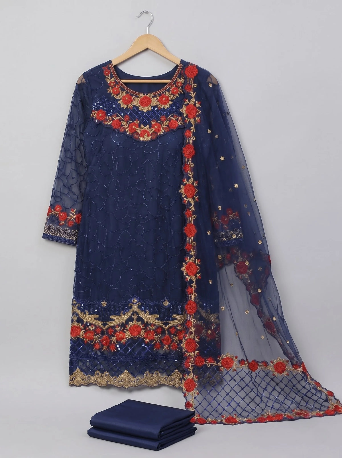 Navy Blue Semi-Stitched Pakistani Suit with Heavy Daman Embroidery