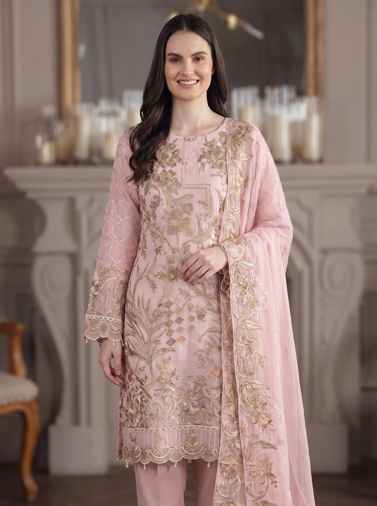 Blush Pink Semi-Stitched Pakistani Suit with Heavy Georgette Embroidery