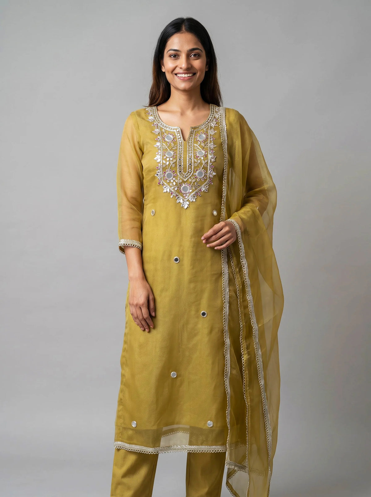 Olive Gold Shimmer Organza Suit with Heavy Gota-Patti Mirror Work