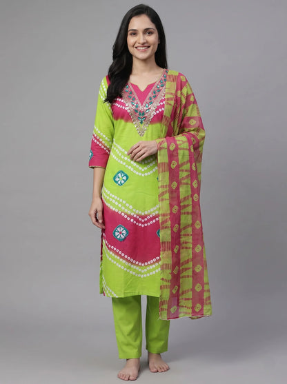 Lime Green & Pink Bandhani Print Rayon Cotton Suit with Gota-Patti Neckline