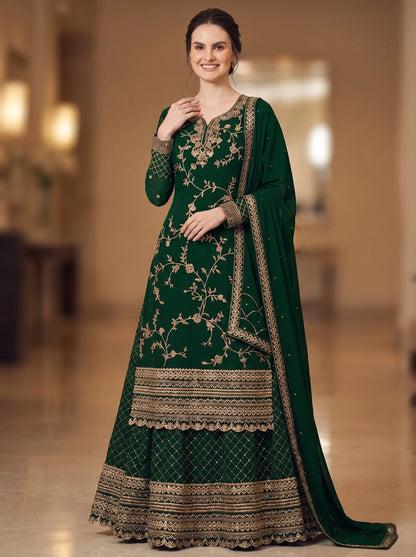 Emerald Green Semi-Stitched Pakistani Suit with Heavy Daman