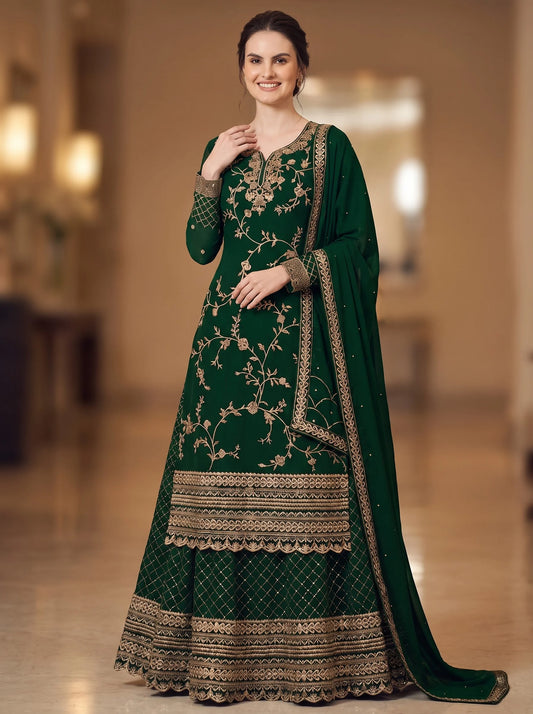 Emerald Green Semi-Stitched Pakistani Suit with Heavy Daman