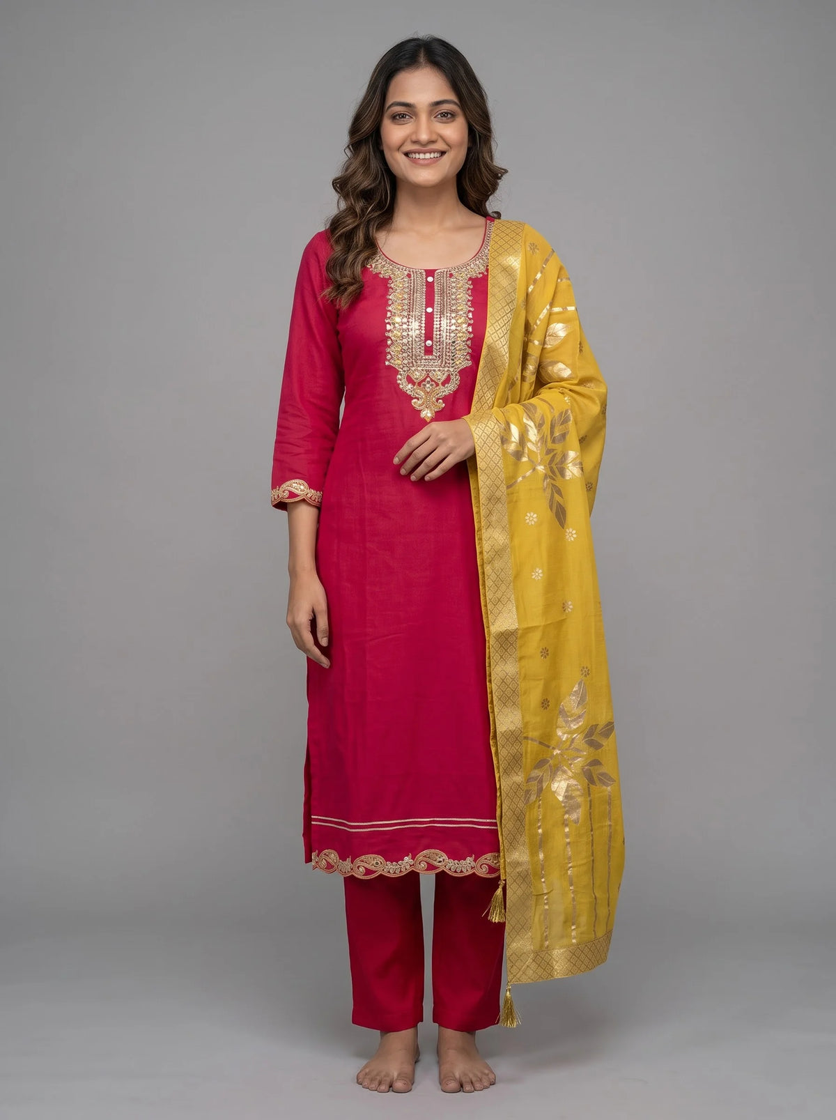 Magenta Pink Chanderi Silk Suit with Heavy Neck Embroidery & Banarasi Dupatta