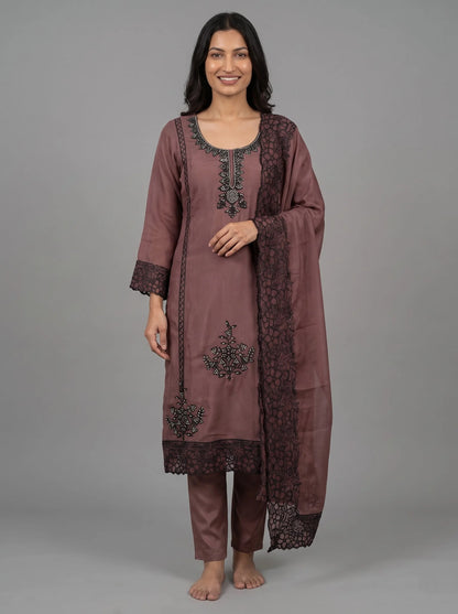 Mauve-Brown Raw Silk Suit with Black Sequin Embroidery & Lace Border