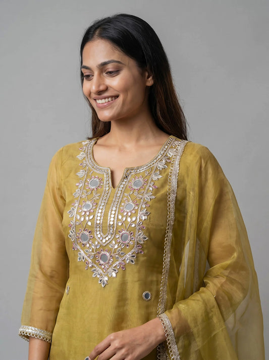 Olive Gold Shimmer Organza Suit with Heavy Gota-Patti Mirror Work