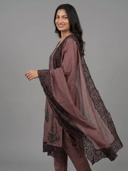 Mauve-Brown Raw Silk Suit with Black Sequin Embroidery & Lace Border
