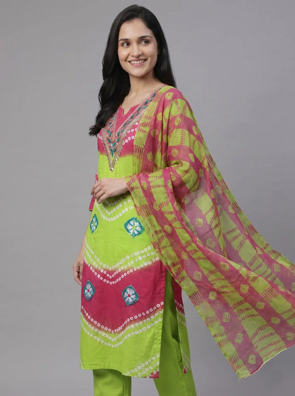 Lime Green & Pink Bandhani Print Rayon Cotton Suit with Gota-Patti Neckline