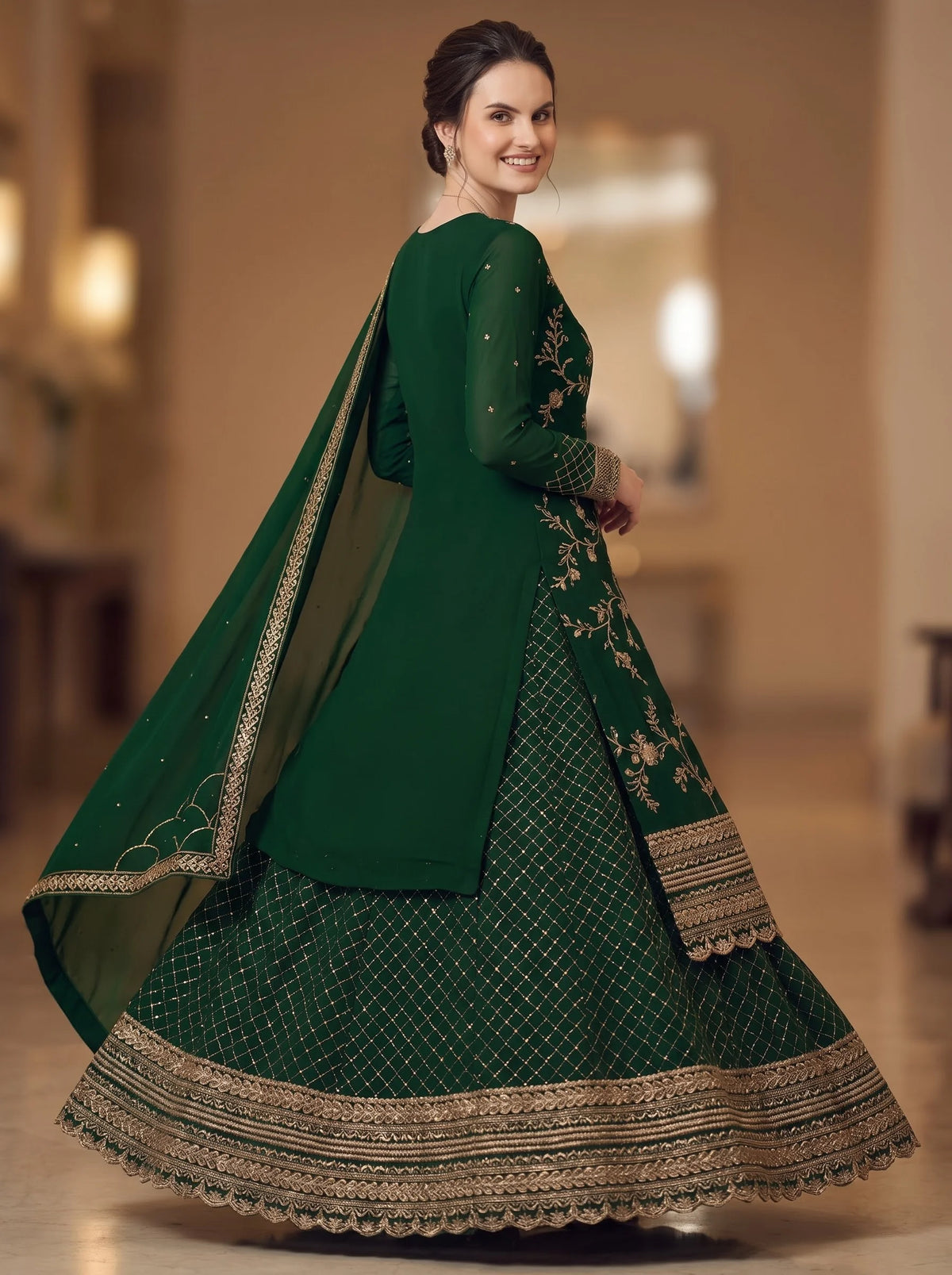 Emerald Green Semi-Stitched Pakistani Suit with Heavy Daman