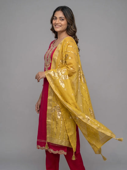 Magenta Pink Chanderi Silk Suit with Heavy Neck Embroidery & Banarasi Dupatta