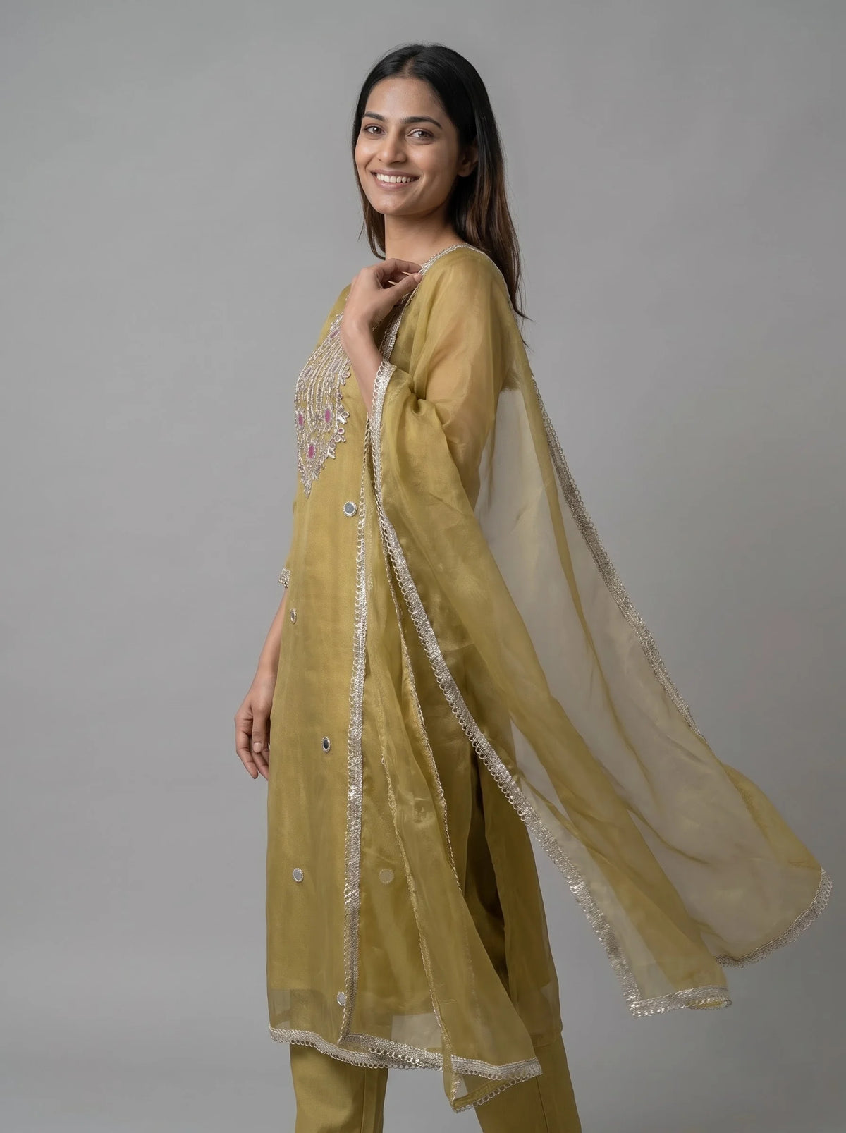 Olive Gold Shimmer Organza Suit with Heavy Gota-Patti Mirror Work