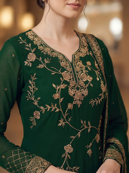 Emerald Green Semi-Stitched Pakistani Suit with Heavy Daman