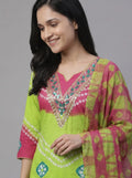 Lime Green & Pink Bandhani Print Rayon Cotton Suit with Gota-Patti Neckline